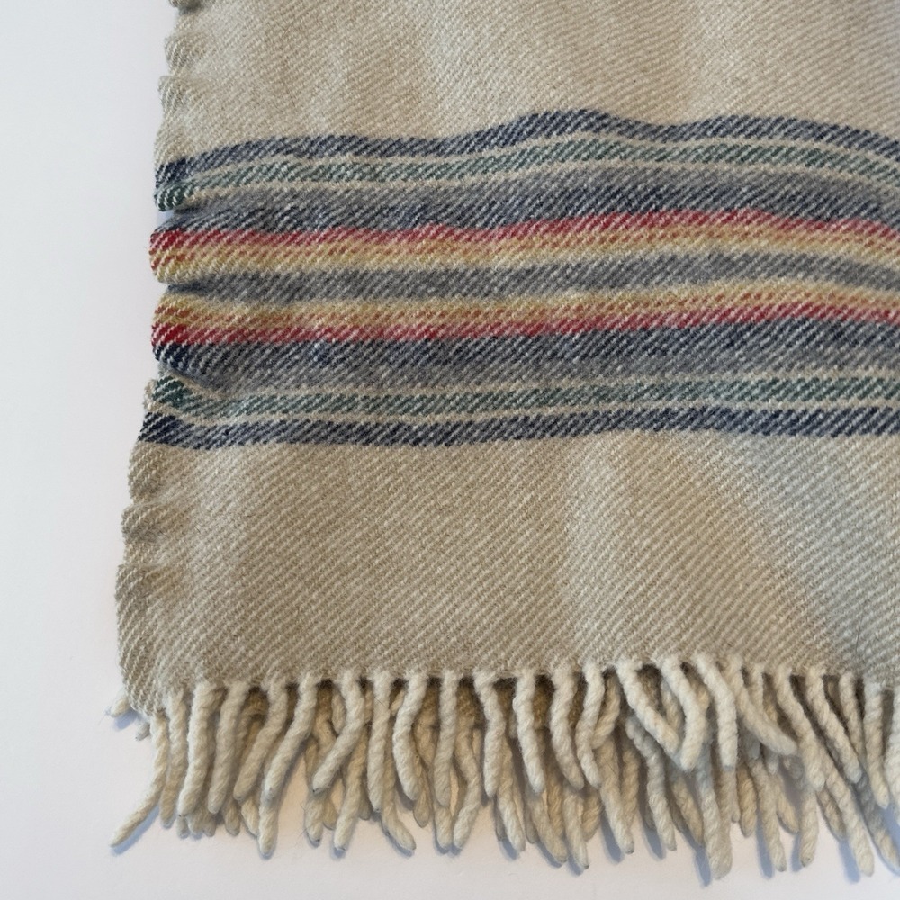 LL Bean Pendleton 100% Wool Cream Stripes Camp Throw Blanket 54x66" Made USA